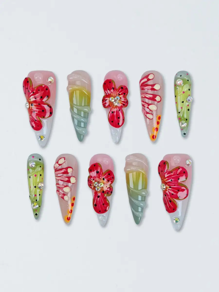 Boho Floral 3D Stiletto Press-On Nails in Pink & Green