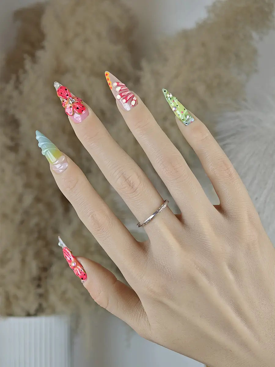 Boho Floral 3D Stiletto Press-On Nails in Pink & Green