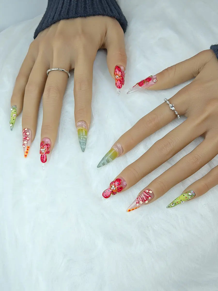 Boho Floral 3D Stiletto Press-On Nails in Pink & Green