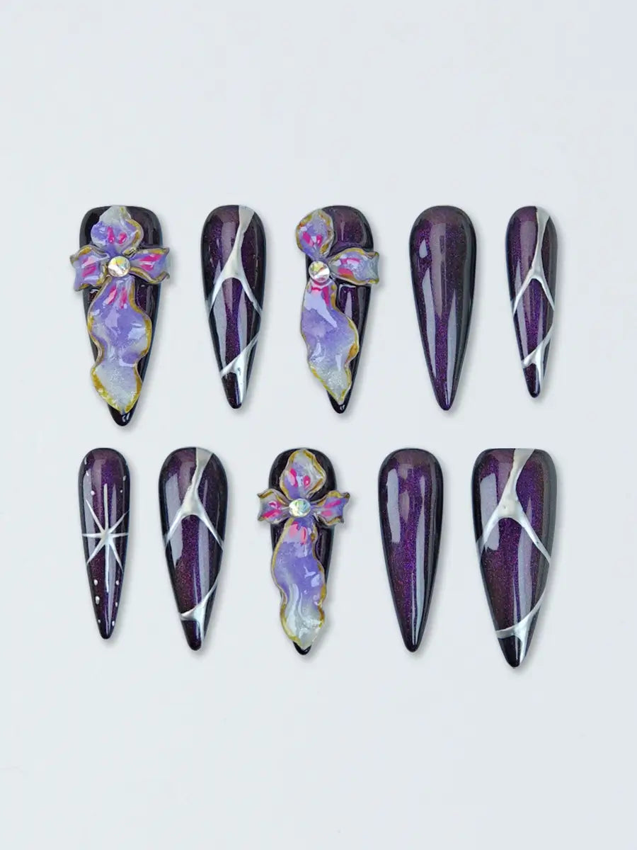 Dark Fantasy Purple Stiletto Press-On Nails with 3D Floral Accents