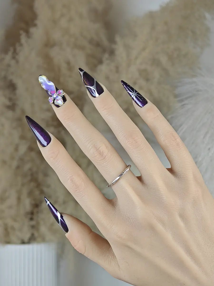 Dark Fantasy Purple Stiletto Press-On Nails with 3D Floral Accents