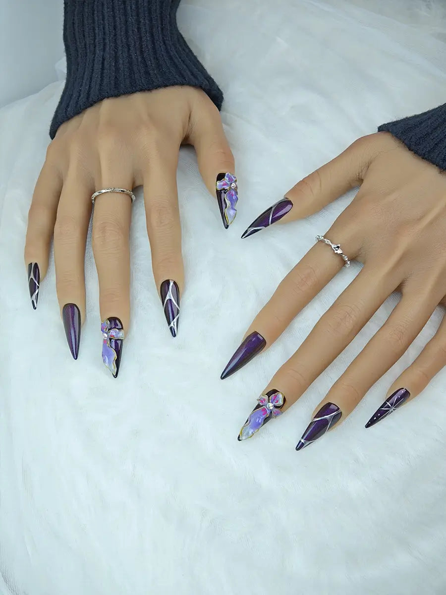 Dark Fantasy Purple Stiletto Press-On Nails with 3D Floral Accents