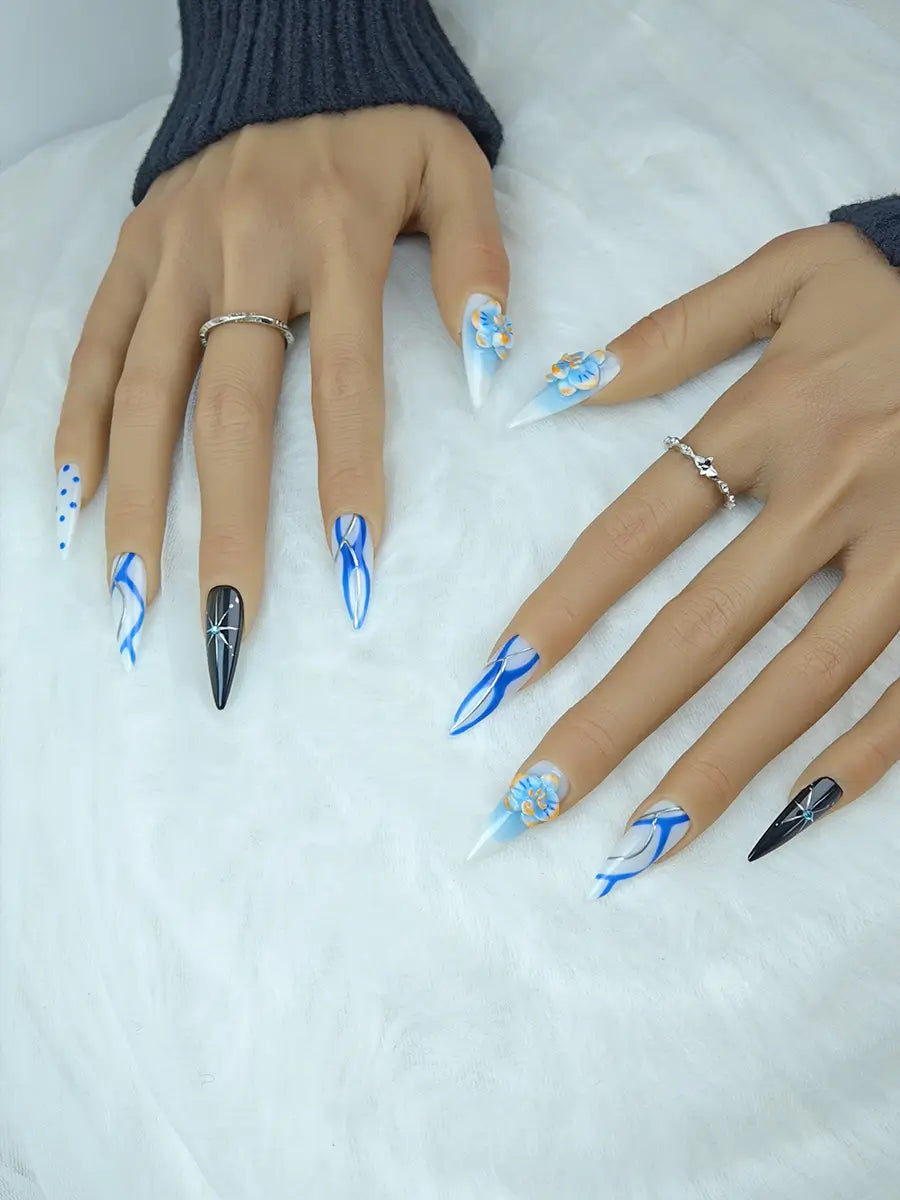 Blue & White Contrast Stiletto Press-On Nails with 3D Floral Accents