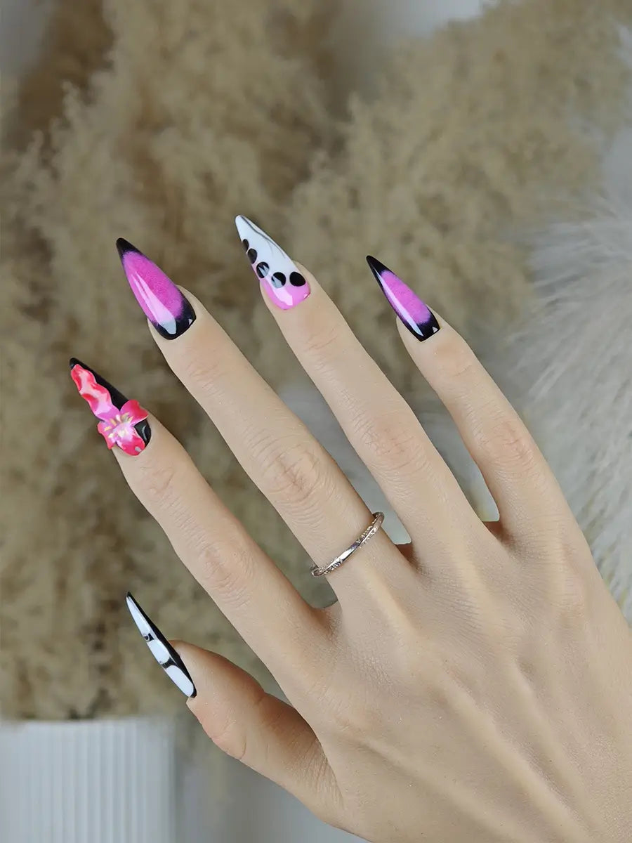 Gothic Sweet Stiletto Press-On Nails – Black & Hot Pink with Metallic Accents
