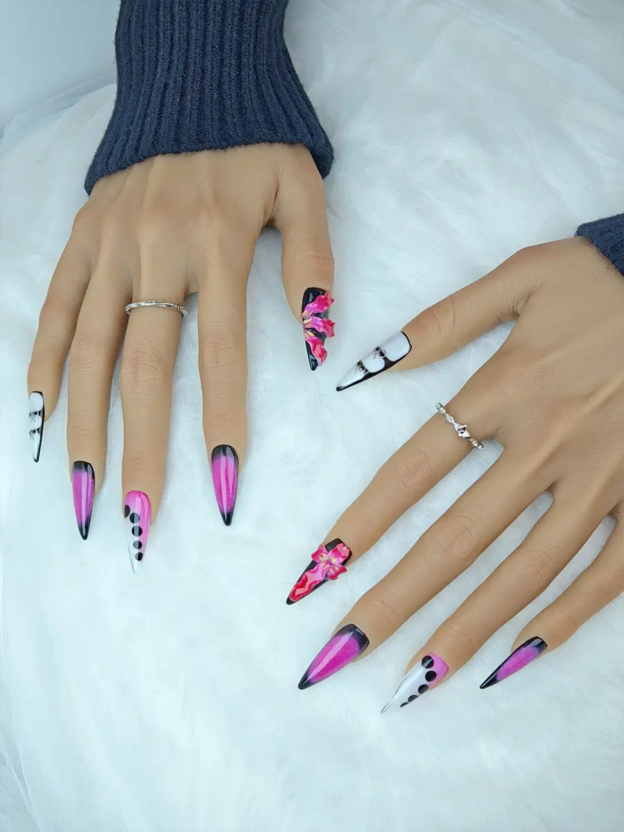 Gothic Sweet Stiletto Press-On Nails – Black & Hot Pink with Metallic Accents
