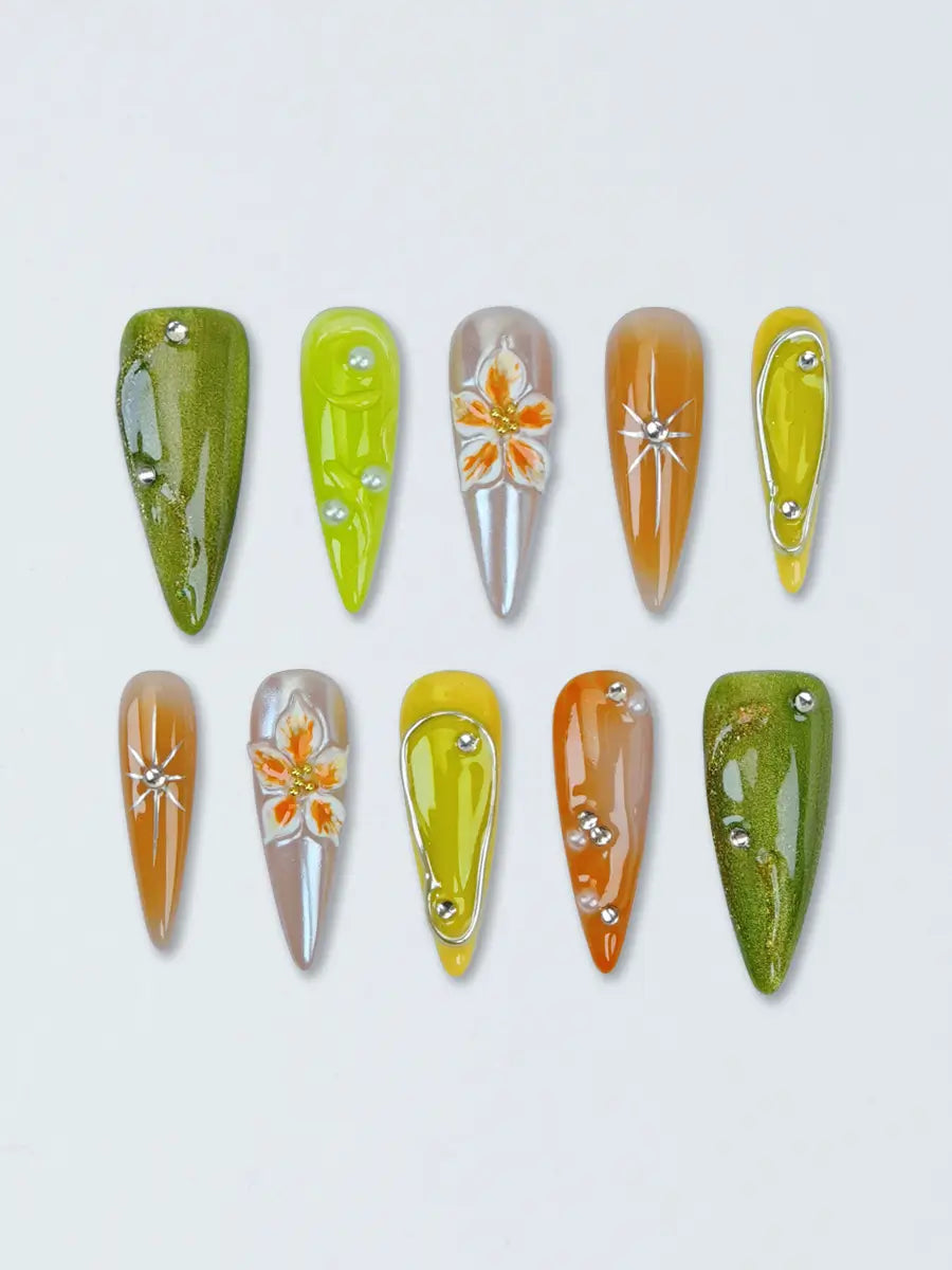 Boho Sweet Stiletto Press-On Nails – Olive Green, Lemon Yellow & Warm Orange