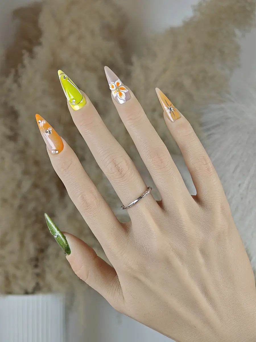 Boho Sweet Stiletto Press-On Nails – Olive Green, Lemon Yellow & Warm Orange