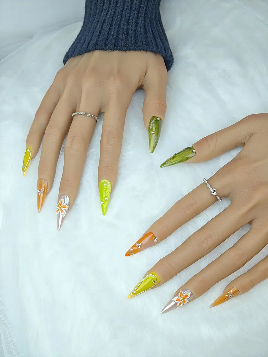 Boho Sweet Stiletto Press-On Nails – Olive Green, Lemon Yellow & Warm Orange