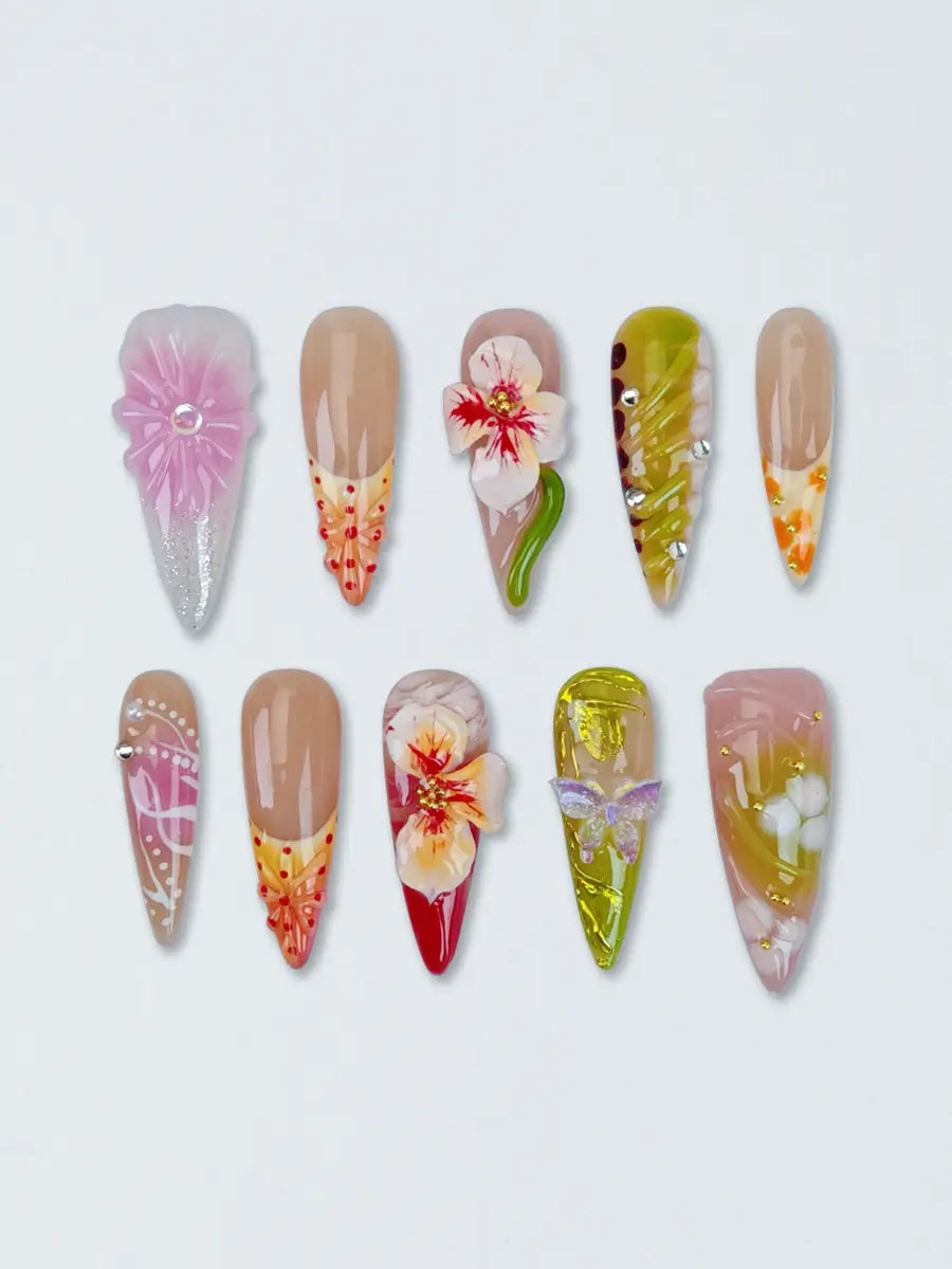 Forest Bloom 3D Floral Stiletto Press-On Nails – Nude, Pink & Green Tones