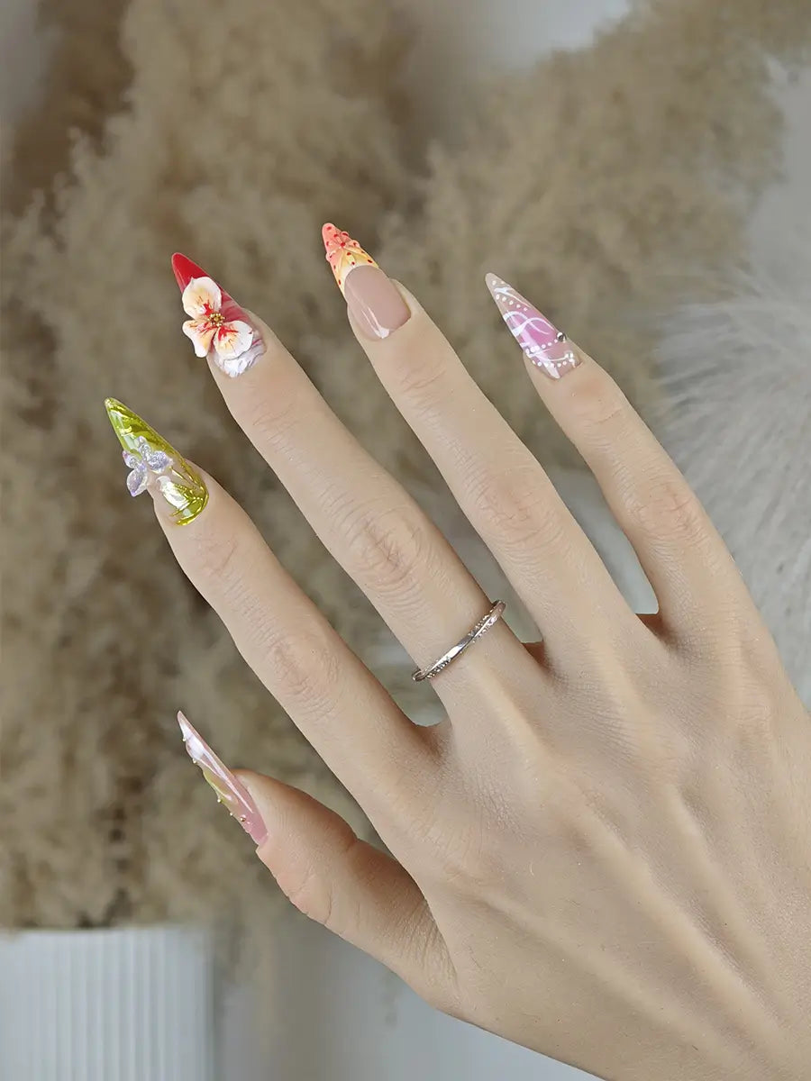 Forest Bloom 3D Floral Stiletto Press-On Nails – Nude, Pink & Green Tones
