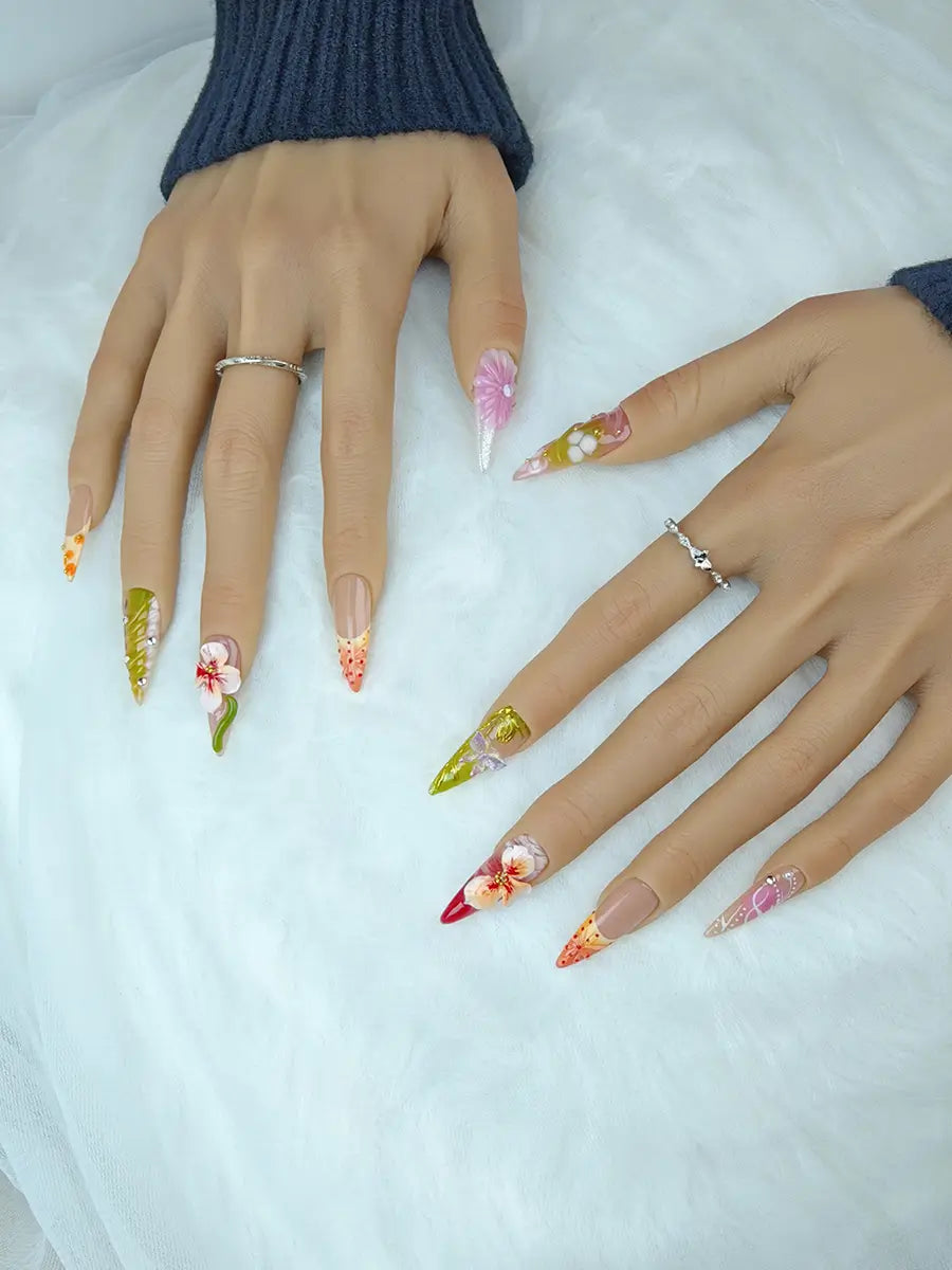 Forest Bloom 3D Floral Stiletto Press-On Nails – Nude, Pink & Green Tones