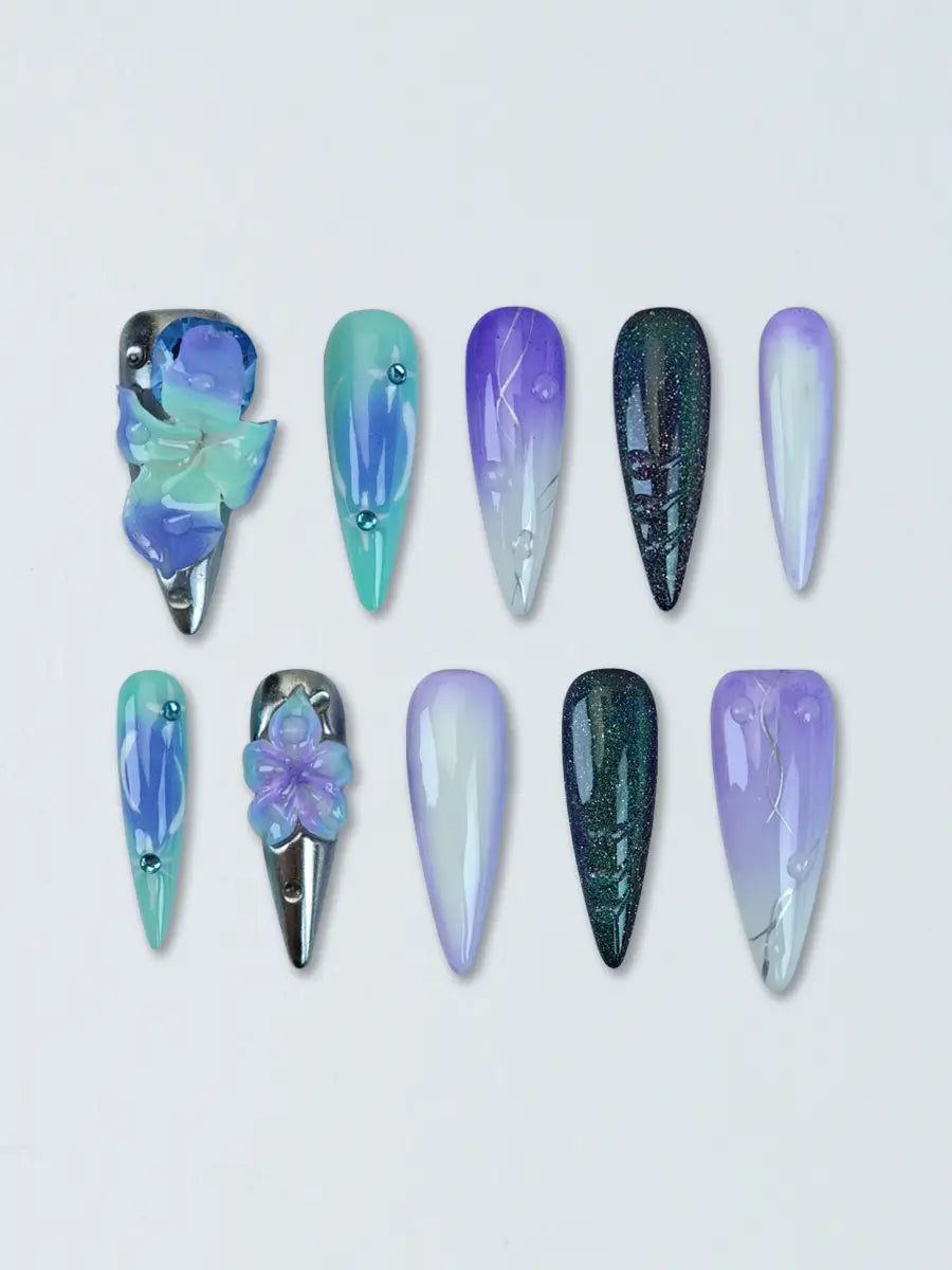 Cyber Forest Gradient Stiletto Press-On Nails – Blue Green & Purple White