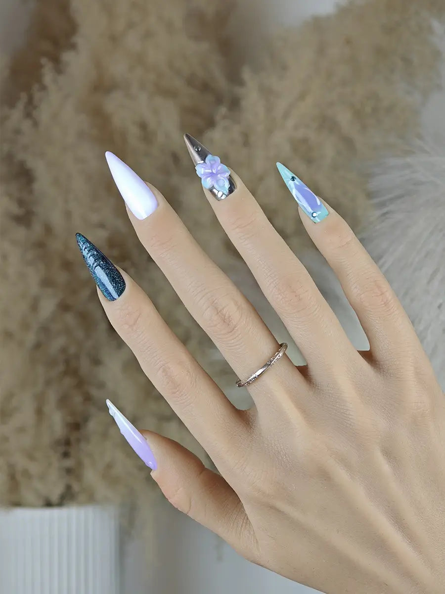 Cyber Forest Gradient Stiletto Press-On Nails – Blue Green & Purple White