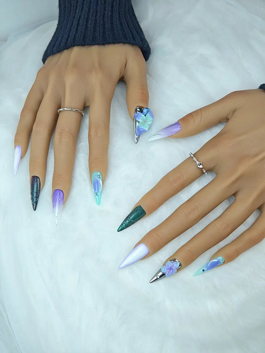 Cyber Forest Gradient Stiletto Press-On Nails – Blue Green & Purple White