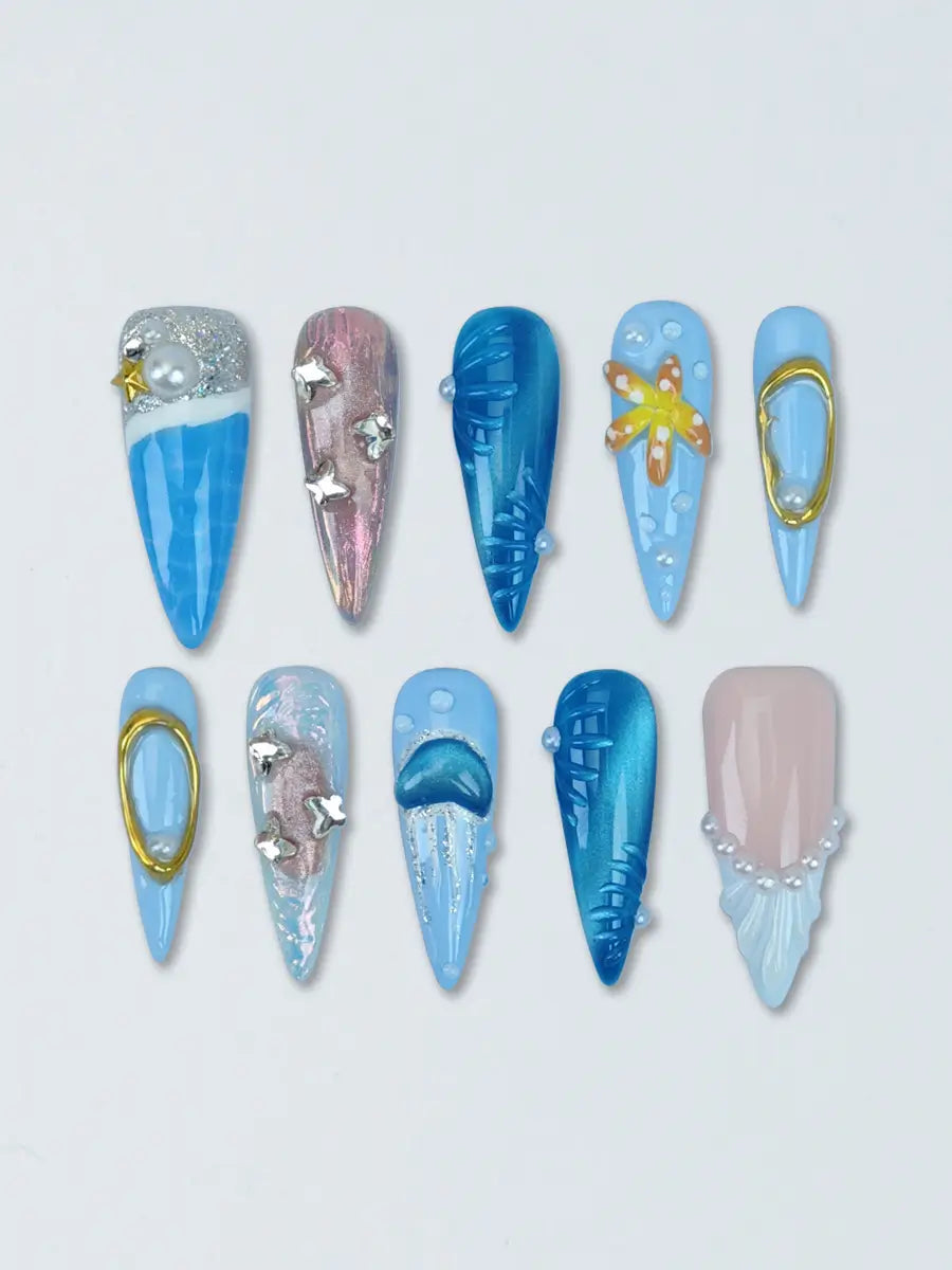 Ocean Dream Fantasy Press-On Nails – Blue Gradient Stiletto Design