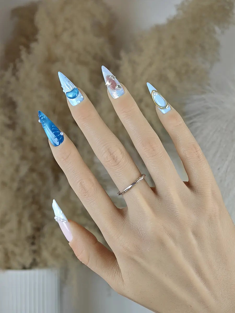 Ocean Dream Fantasy Press-On Nails – Blue Gradient Stiletto Design