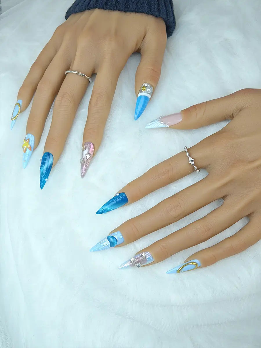 Ocean Dream Fantasy Press-On Nails – Blue Gradient Stiletto Design
