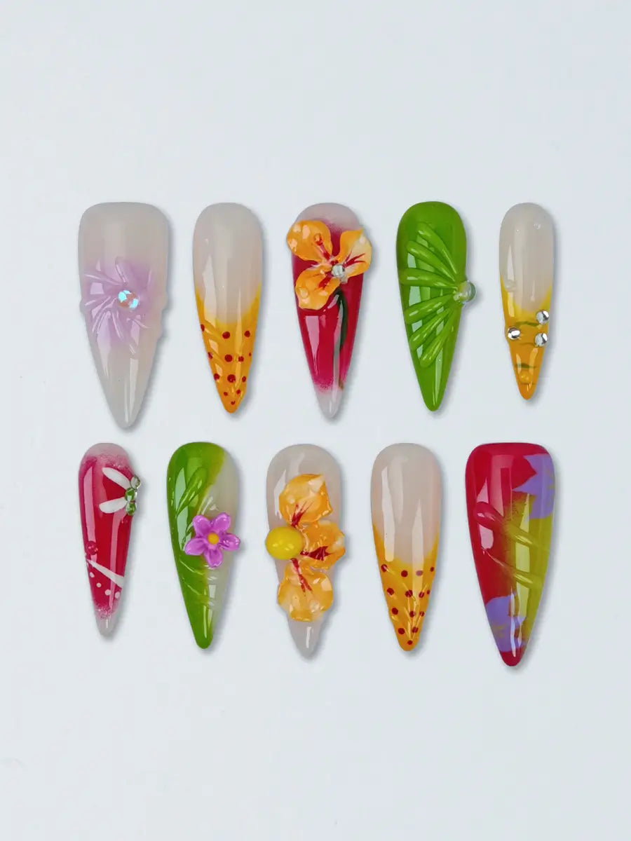 Cottagecore 3D Floral Press-On Nails – Nude & Warm Garden Palette