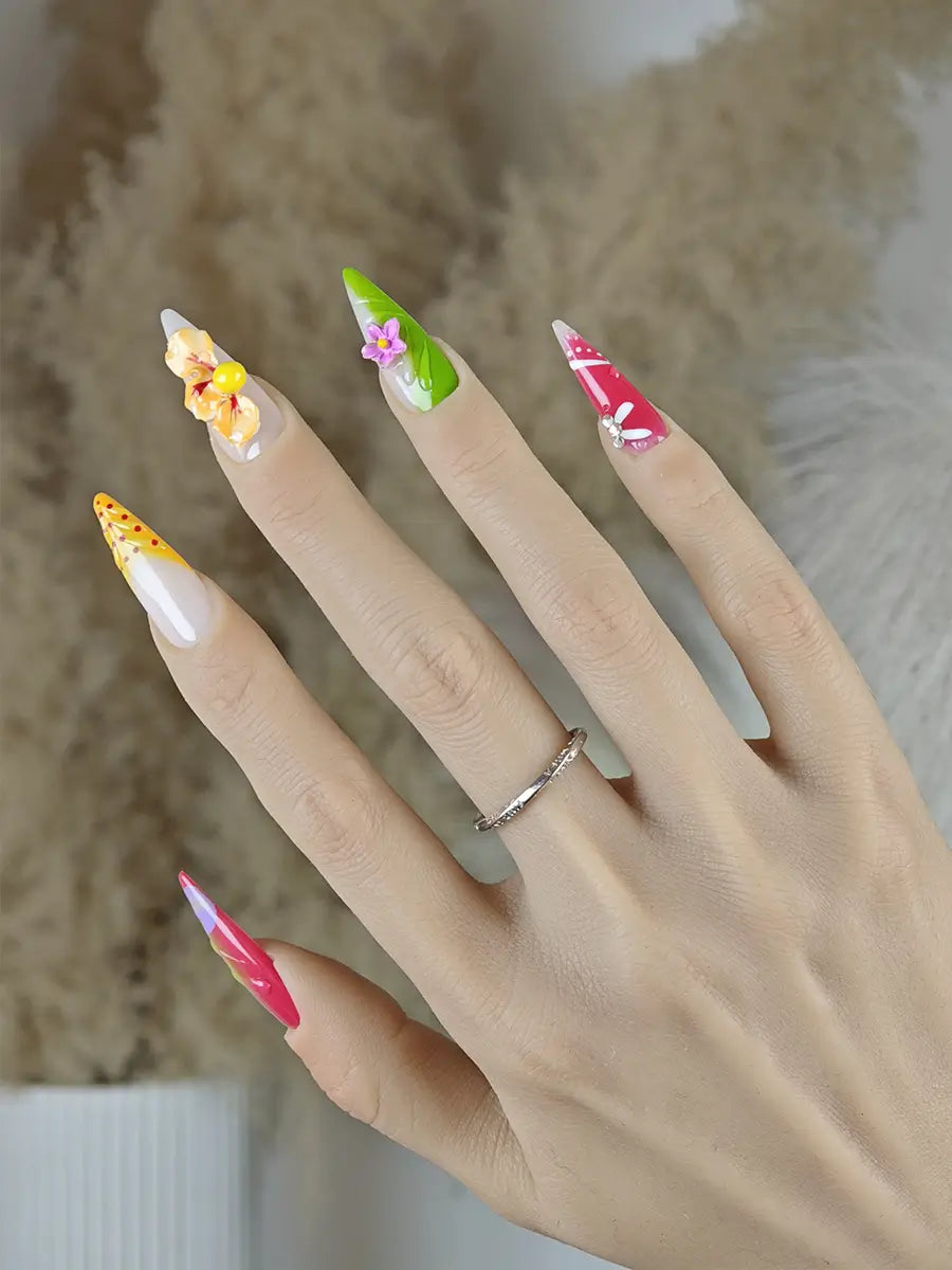 Cottagecore 3D Floral Press-On Nails – Nude & Warm Garden Palette
