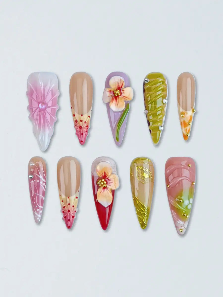 Forest Garden 3D Floral Press-On Nails – Nude Pink & Pastel Green