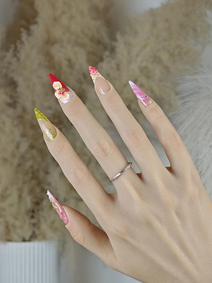 Forest Garden 3D Floral Press-On Nails – Nude Pink & Pastel Green
