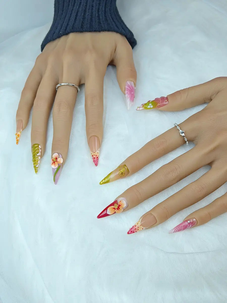 Forest Garden 3D Floral Press-On Nails – Nude Pink & Pastel Green