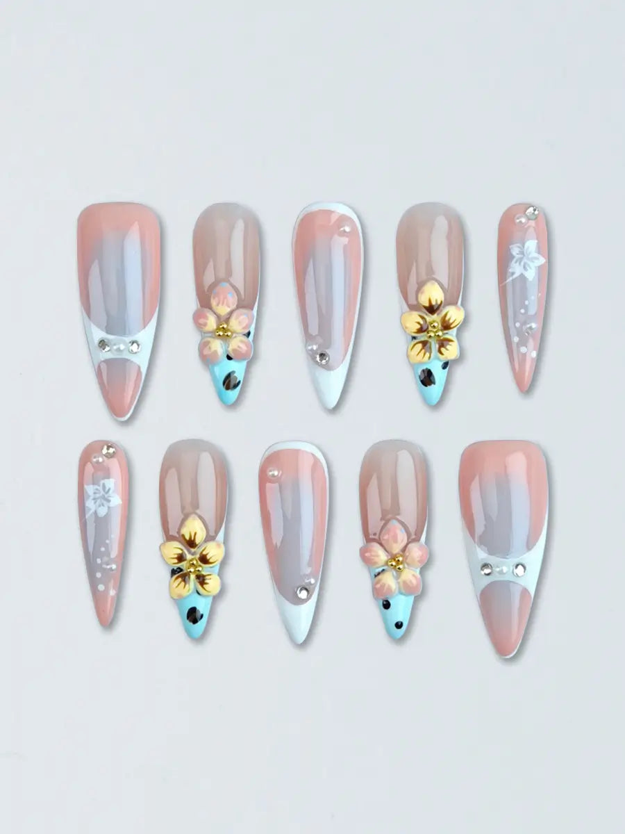 Nude Pink 3D Floral Stiletto Press-On Nails – Soft Gradient & Pearls