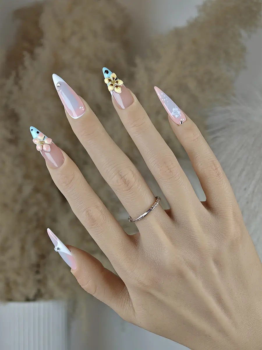 Nude Pink 3D Floral Stiletto Press-On Nails – Soft Gradient & Pearls