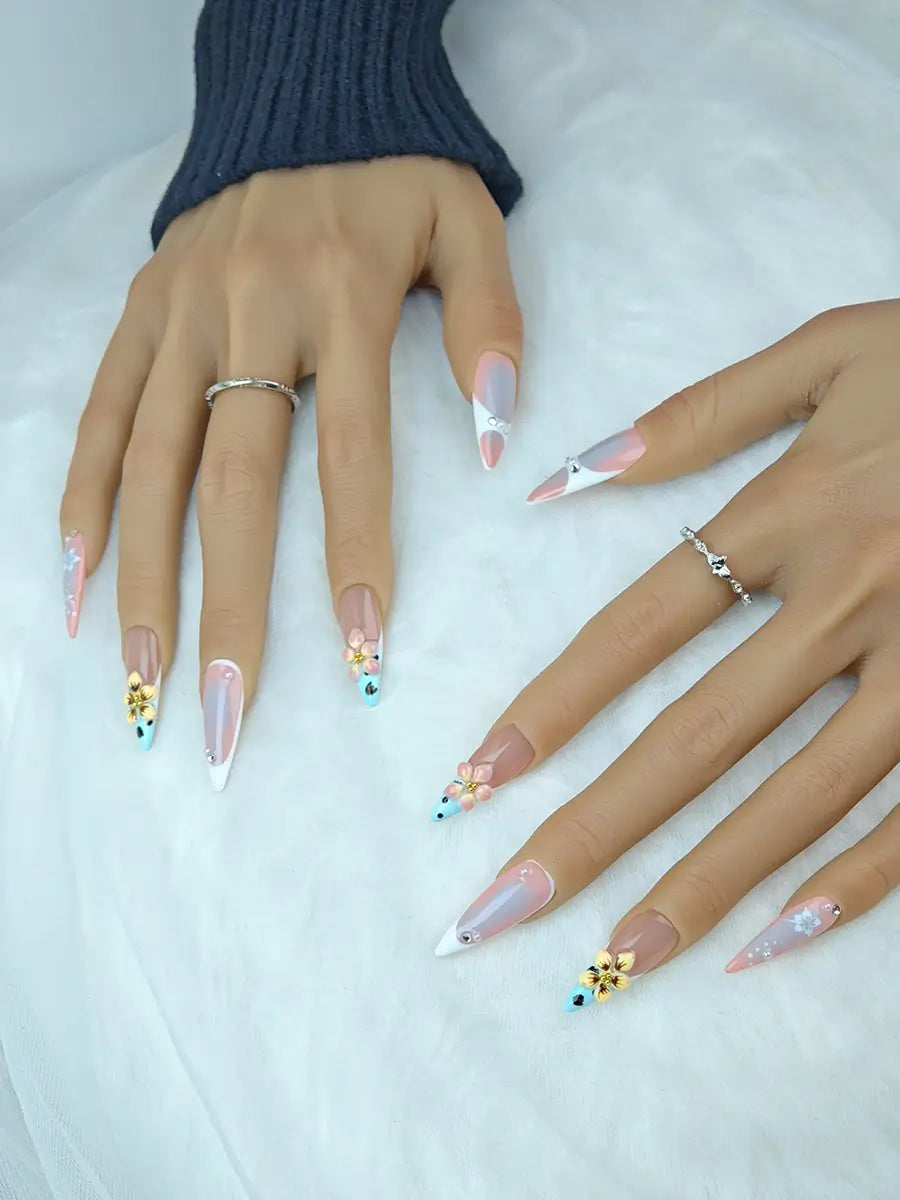 Nude Pink 3D Floral Stiletto Press-On Nails – Soft Gradient & Pearls