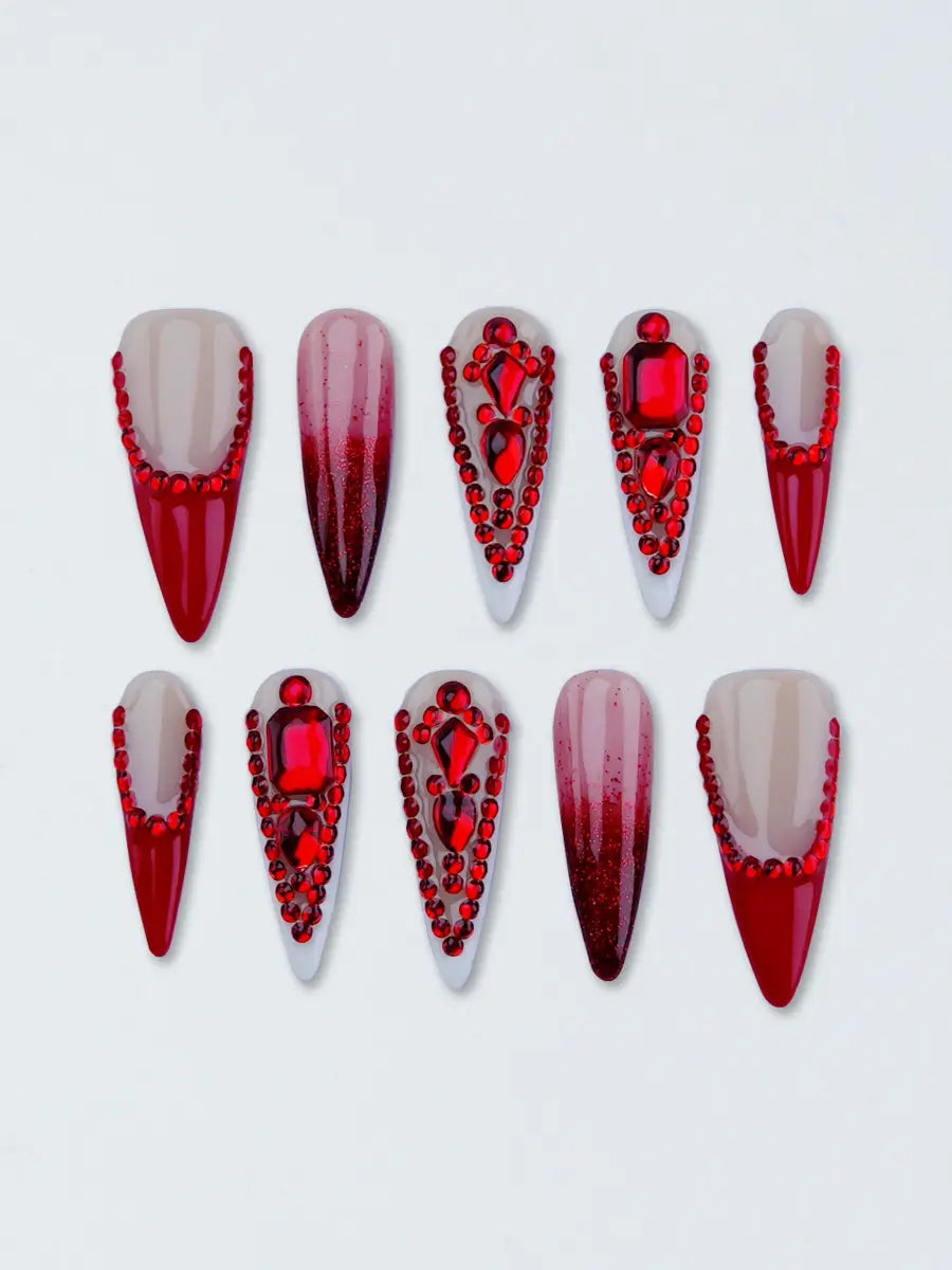 Royal Red Crystal Stiletto Press-On Nails with Glitter Gradient