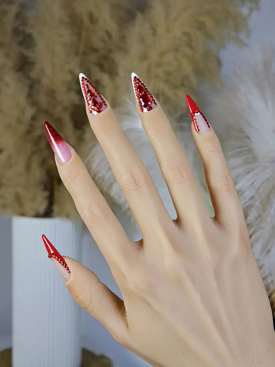 Royal Red Crystal Stiletto Press-On Nails with Glitter Gradient