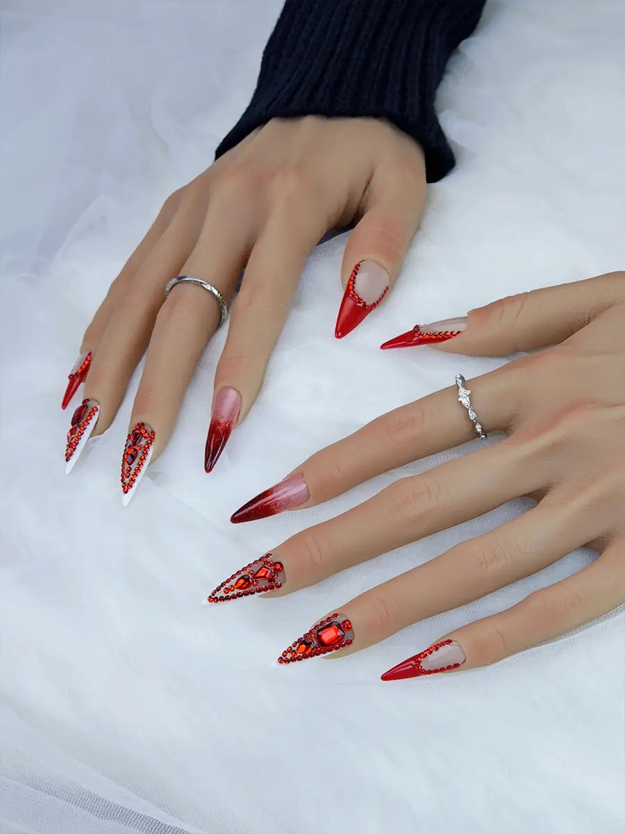 Royal Red Crystal Stiletto Press-On Nails with Glitter Gradient