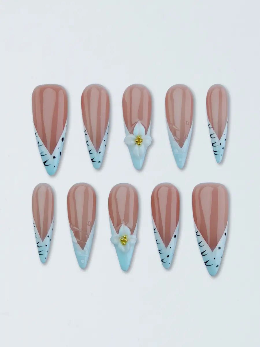 Nude Pink & Ice Blue Stiletto Press-On Nails with 3D Floral Accents