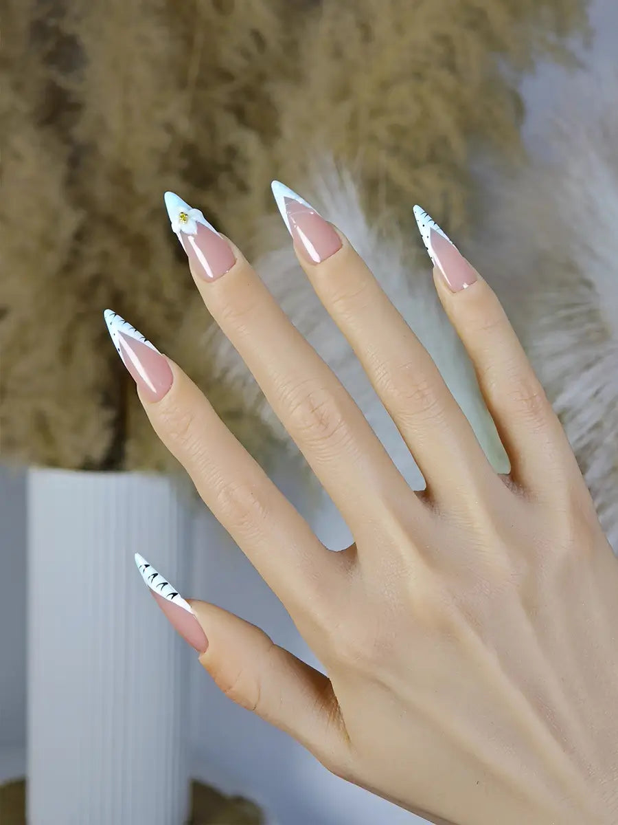 Nude Pink & Ice Blue Stiletto Press-On Nails with 3D Floral Accents