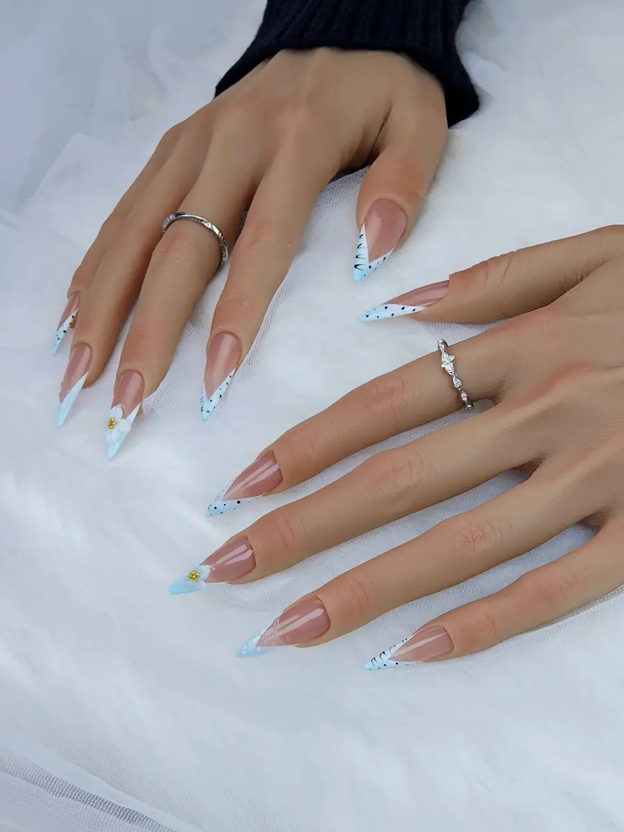 Nude Pink & Ice Blue Stiletto Press-On Nails with 3D Floral Accents