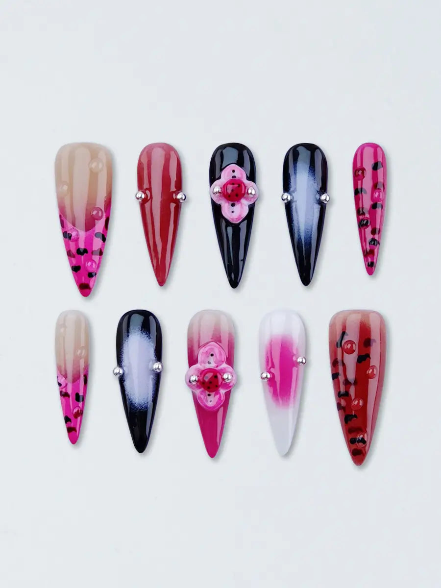 Pink Black Leopard Stiletto Nails with 3D Flowers & Gradient Design