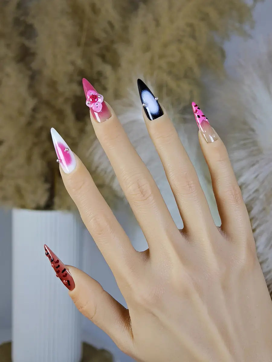 Pink Black Leopard Stiletto Nails with 3D Flowers & Gradient Design