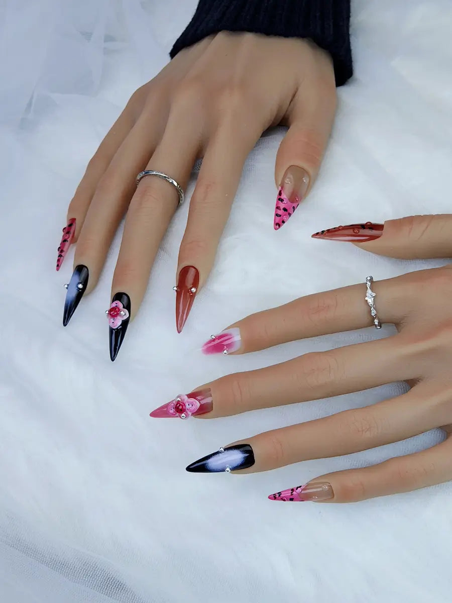 Pink Black Leopard Stiletto Nails with 3D Flowers & Gradient Design