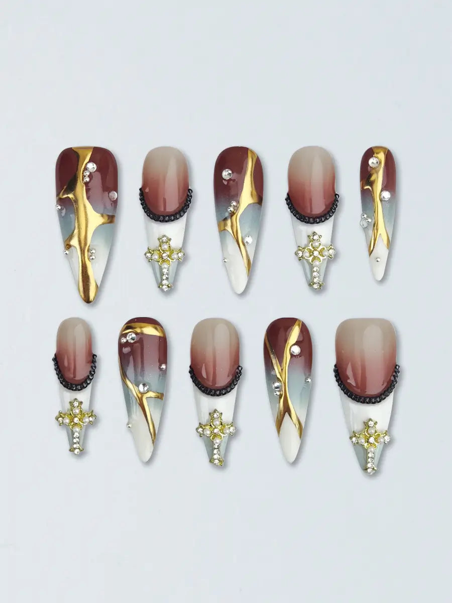 Vintage Luxe Religious Stiletto Press-On Nails – Brown & Gray Gradient