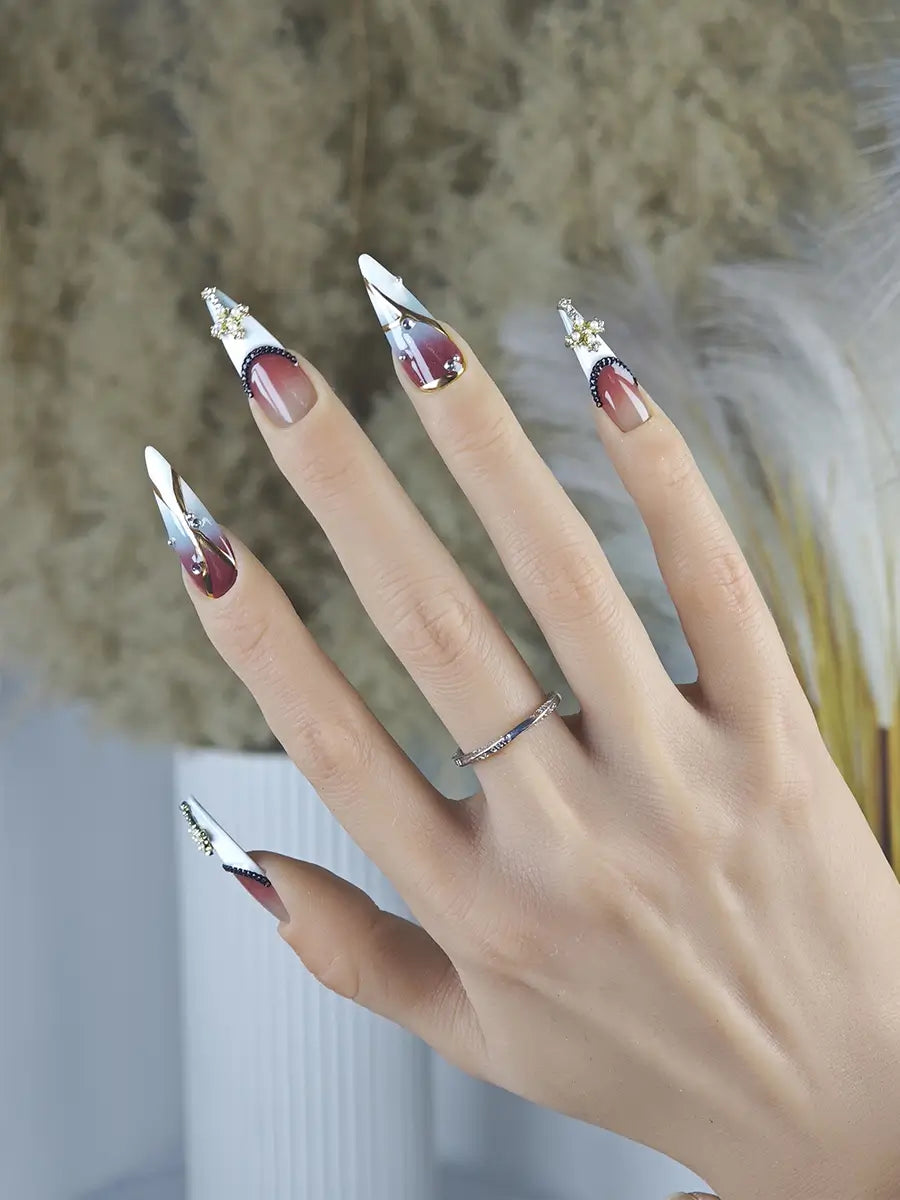 Vintage Luxe Religious Stiletto Press-On Nails – Brown & Gray Gradient