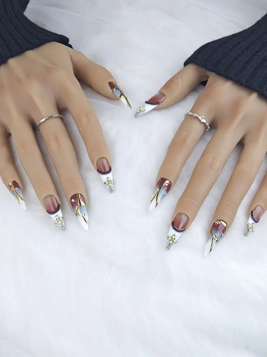Vintage Luxe Religious Stiletto Press-On Nails – Brown & Gray Gradient