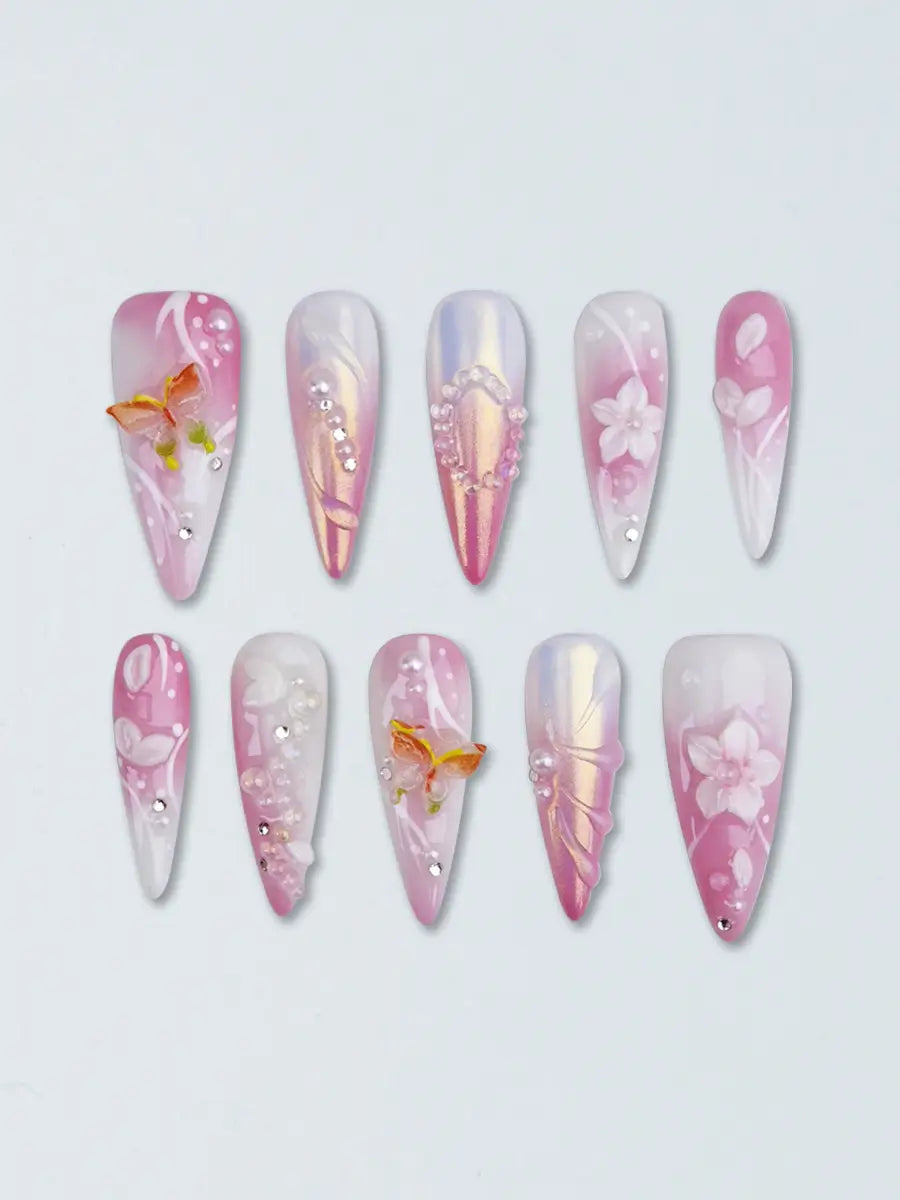 Dreamy Sweet Floral & Butterfly Stiletto Press-On Nails – Pink & White Gradient