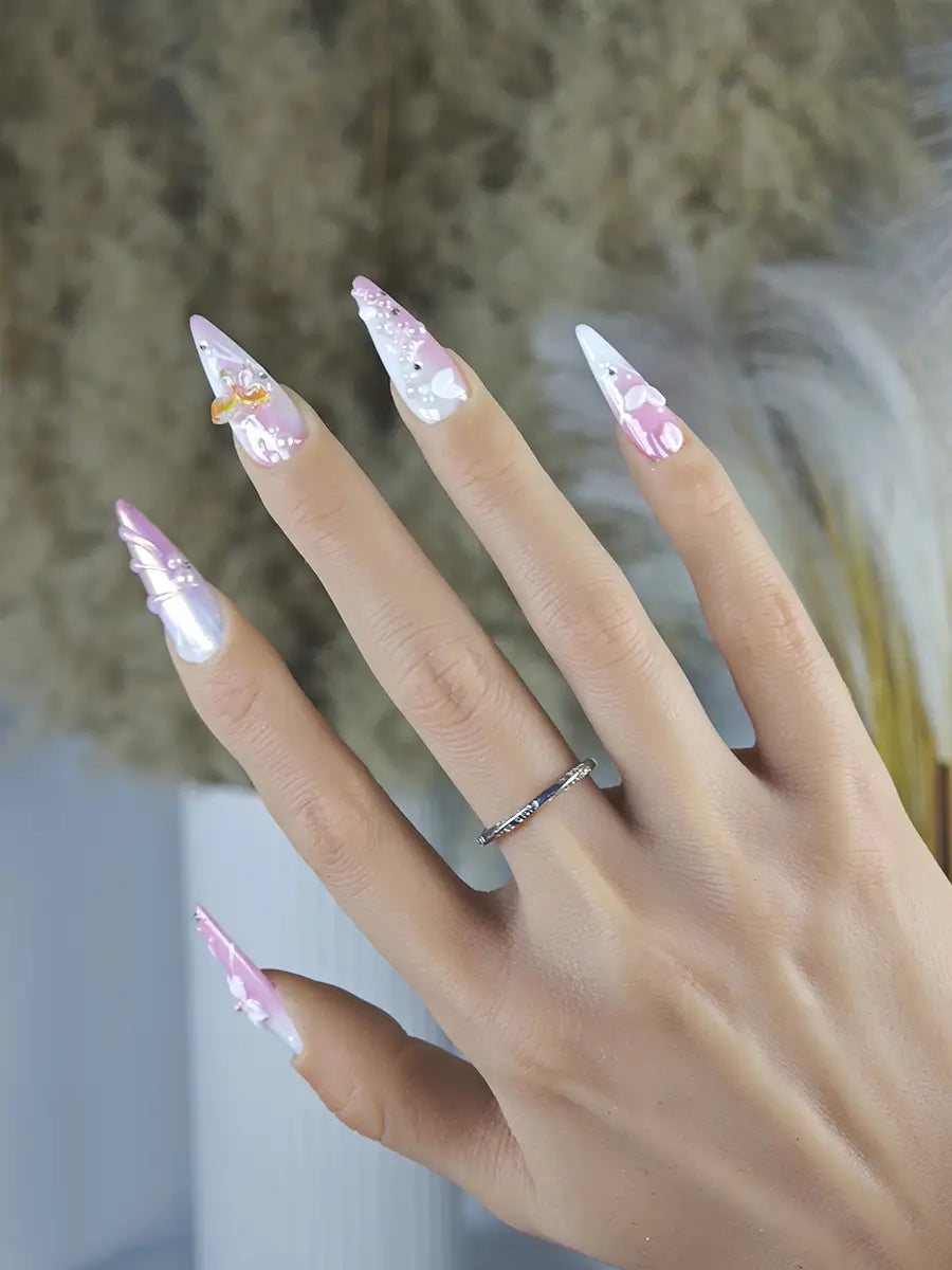 Dreamy Sweet Floral & Butterfly Stiletto Press-On Nails – Pink & White Gradient