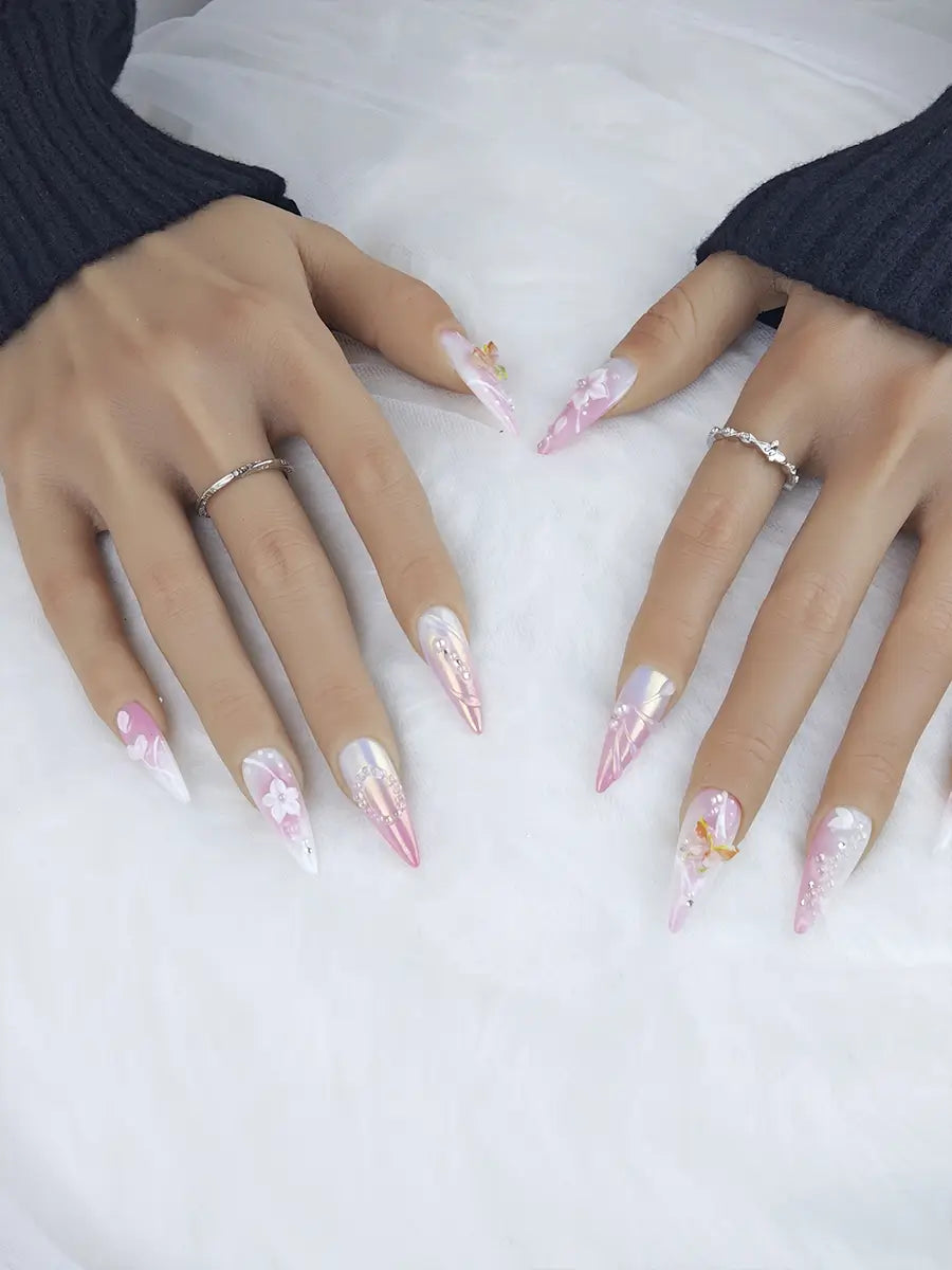 Dreamy Sweet Floral & Butterfly Stiletto Press-On Nails – Pink & White Gradient