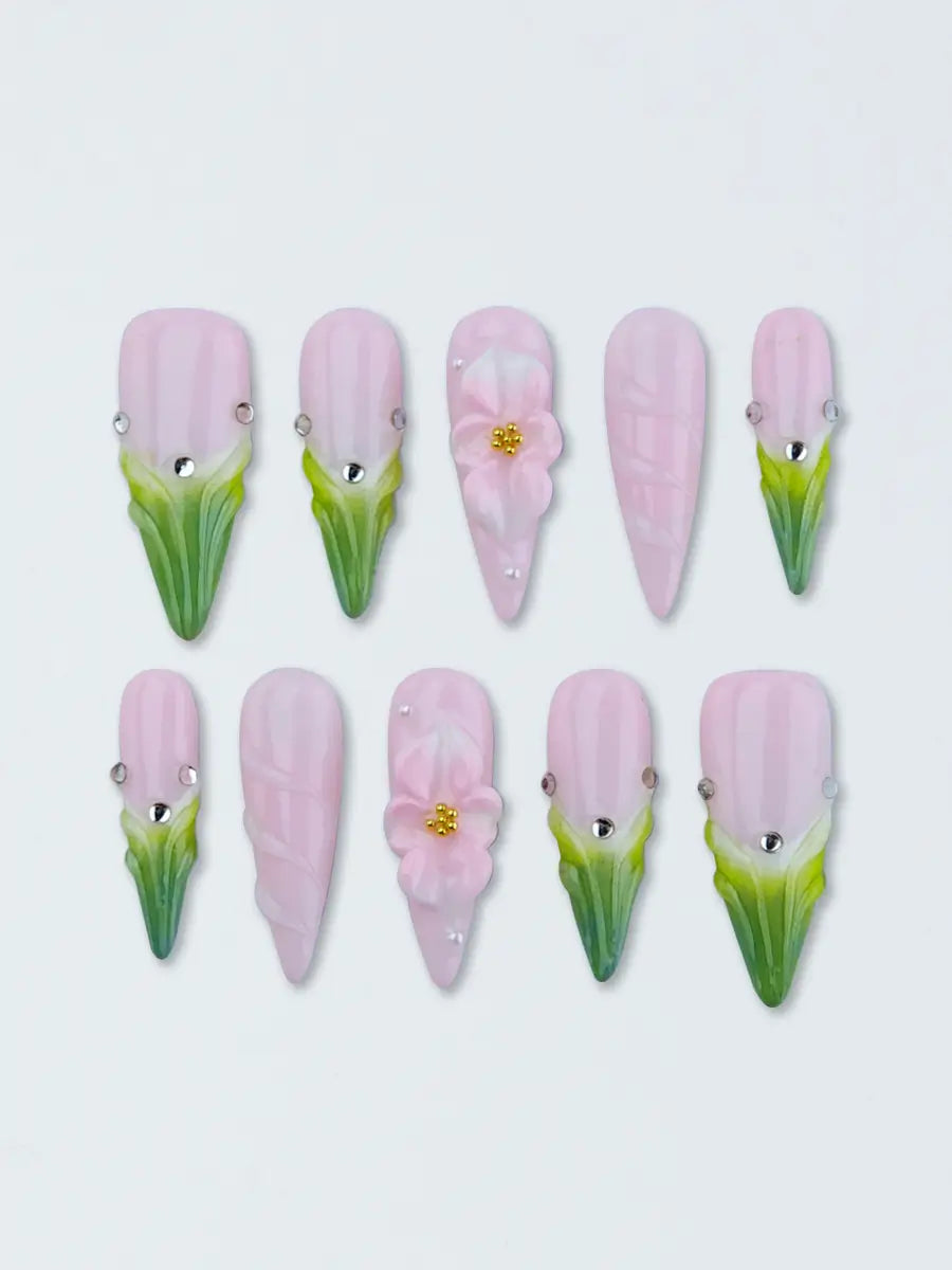 Pink & Green 3D Floral Stiletto Press-On Nails with Crystal Embellishments