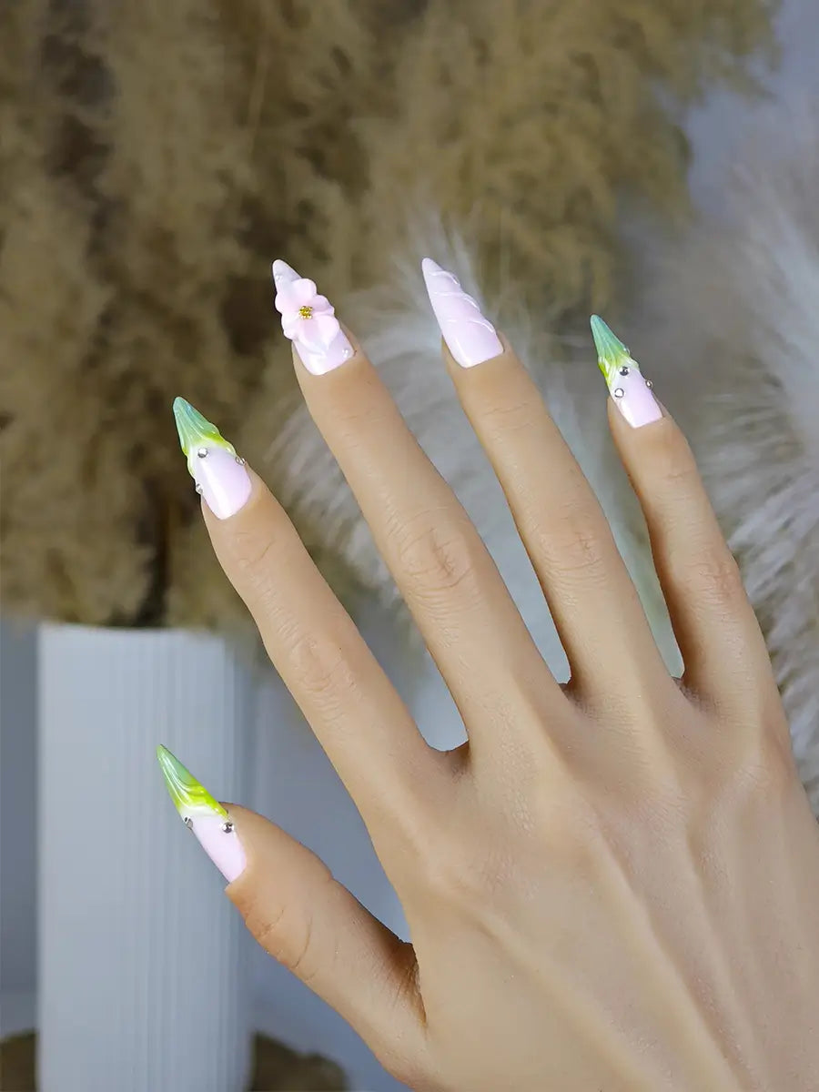 Pink & Green 3D Floral Stiletto Press-On Nails with Crystal Embellishments