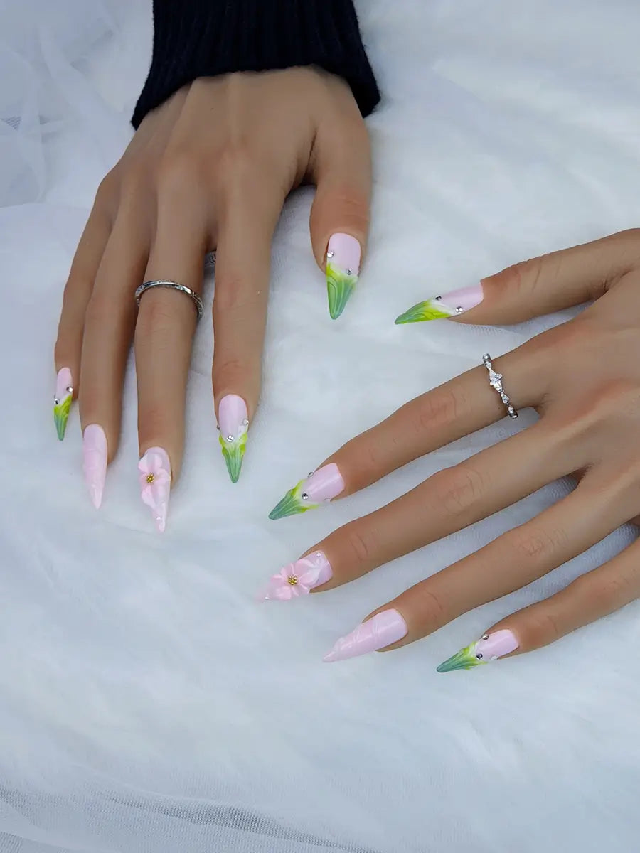 Pink & Green 3D Floral Stiletto Press-On Nails with Crystal Embellishments