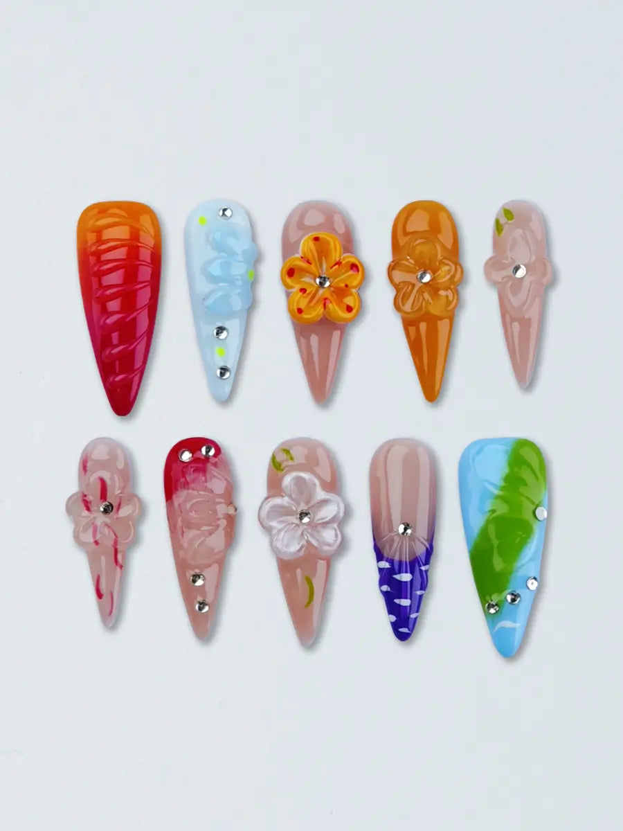 Color-Block Stiletto Press-On Nails with 3D Flowers & Rhinestone Accents