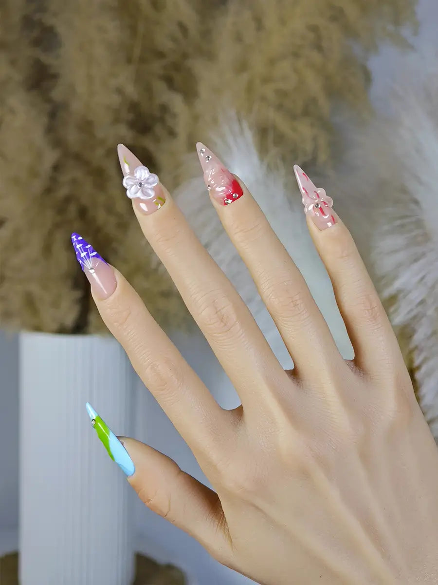 Color-Block Stiletto Press-On Nails with 3D Flowers & Rhinestone Accents