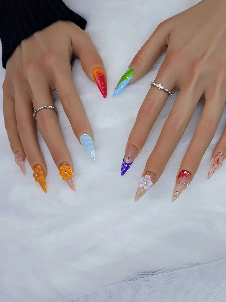 Color-Block Stiletto Press-On Nails with 3D Flowers & Rhinestone Accents